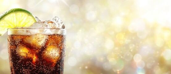A refreshing drink with ice and a lime wedge, set against a sparkling background.