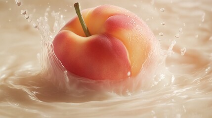 Fototapeta premium 27.A fresh, ripe peach falling into a pool of milk, creating an explosive splash with ripples and suspended droplets, the peach partially submerged, detailed with vibrant colors and smooth textures.