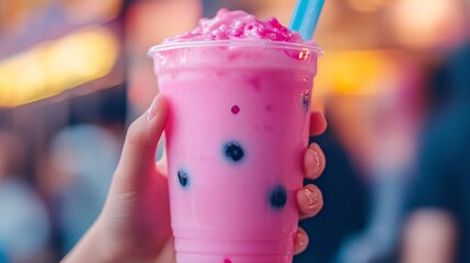 Naklejka premium 31.A close-up of a hand holding a bright pink boba tea drink in a clear plastic cup, with the vivid pink milk tea swirling around chewy boba pearls at the bottom, capturing the smooth texture of the