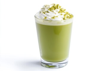 A creamy green beverage topped with whipped cream and green sprinkles.