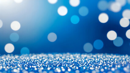 Abstract background of winter snowflake and snowfall with blue and white blurred particles, circle bokeh lights. 