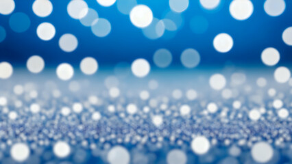 Abstract background of winter snowflake and snowfall with blue and white blurred particles, circle bokeh lights. 