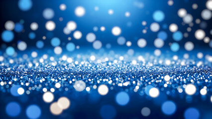 Abstract background of winter snowflake and snowfall with blue and white blurred particles, circle bokeh lights. 