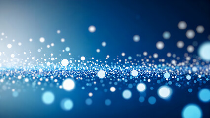 Abstract background of winter snowflake and snowfall with blue and white blurred particles, circle bokeh lights. 