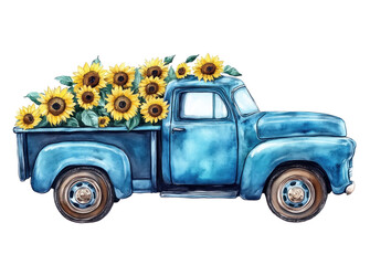 Vintage Blue Truck with Sunflowers in Bed