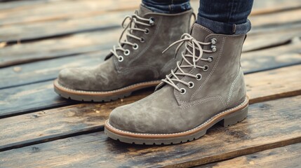 Stylish Gray Suede Boots on Wooden Floor