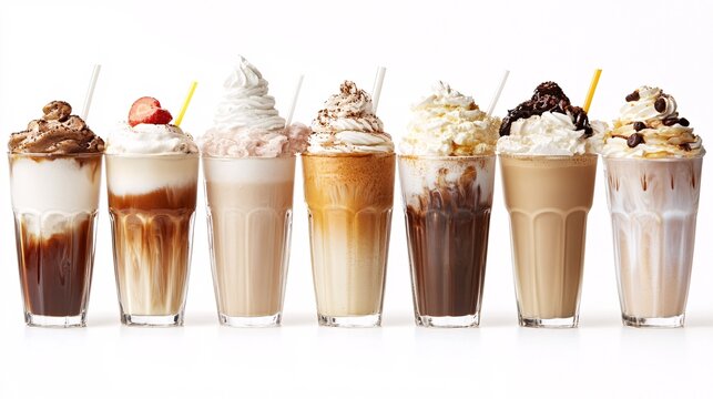 46.A collection of various cold beverages in glass cups, including iced coffee, frothy milkshakes, and creamy frappes, isolated on a white background, showcasing the diverse textures, colors, and
