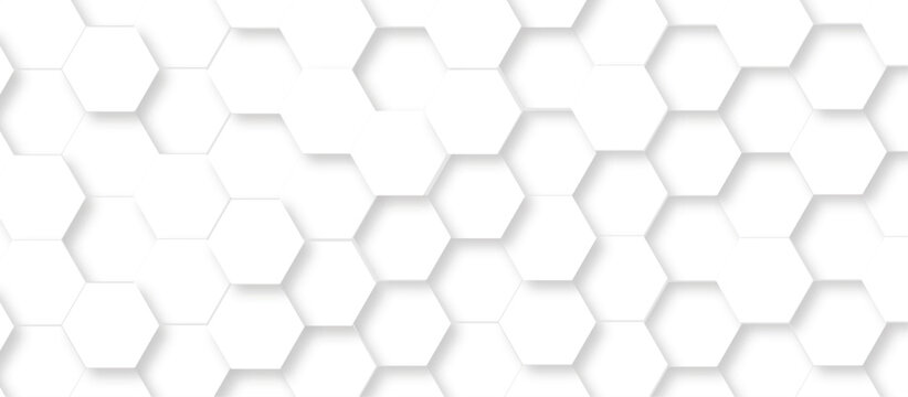 Minimal white hexagonal hexagon modern technology creative emboss light honeycomb polygonal web. abstract geometric science and mosaic tile with template texture background.	
