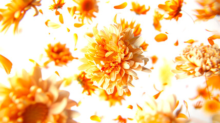 A floral pattern of sunny chrysanthemums on a white background. A bouquet of orange flowers is floating in the air. Flowers are scattered throughout the image, creating a sense of movement