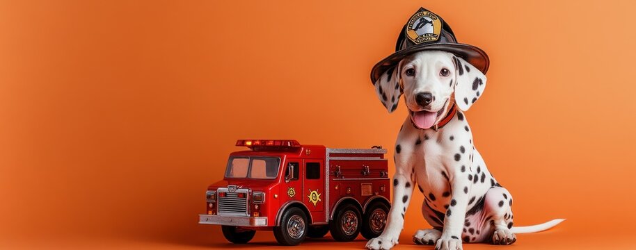A playful Dalmatian puppy wearing a firefighter hat beside a toy fire truck on an orange background.