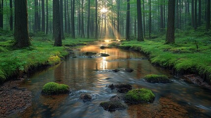 Obraz premium Sunbeams Through Forest Stream