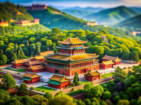 Tilt-Shift Photography of the Majestic Wooden Palace in Chengde Surrounded by Lush Nature, Showcasing Traditional Architecture and Scenic Beauty in a Miniature Effect