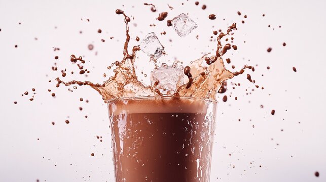65.A dramatic freeze-motion of milk tea splashing down, with ice cubes colliding and chocolate cocoa exploding into the air, droplets and ripples suspended in mid-motion against a stark white