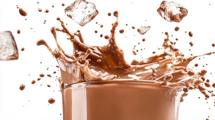 Fototapeta premium 68.A dramatic milk tea splash frozen in mid-motion, with ice cubes crashing through the liquid and a flutter of cocoa powder suspended in the air, every drop and splash caught in sharp detail against