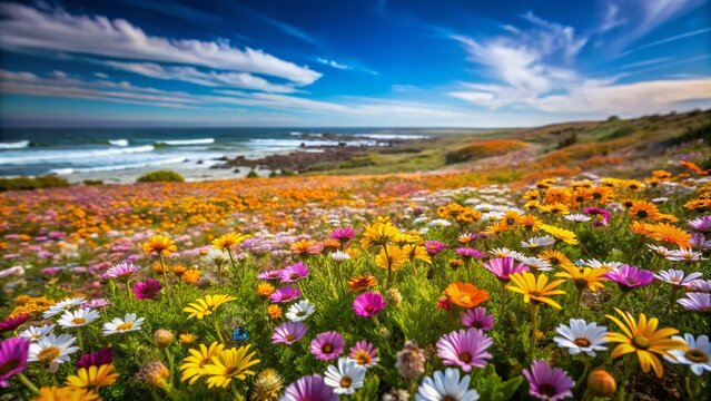 Tilt-Shift Photography of Vibrant Wildflowers in Pearl Bay, Yzerfontein, Showcasing the Natural Beauty of the Western Cape, South Africa in a Miniature Landscape Style