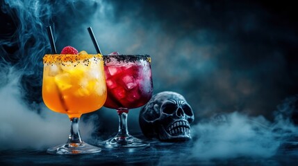 Two colorful cocktails beside a skull, set against a smoky background for a spooky vibe.