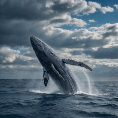 Fototapeta premium A majestic blue whale breaching the surface of the ocean under a dramatic cloudy sky.