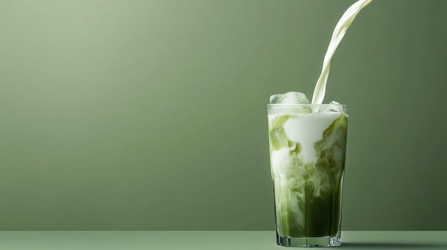 79.A tall glass of iced matcha latte with a creamy swirl of milk being poured in, creating a visually appealing contrast of white and green layers. The scene is set against a minimalist green