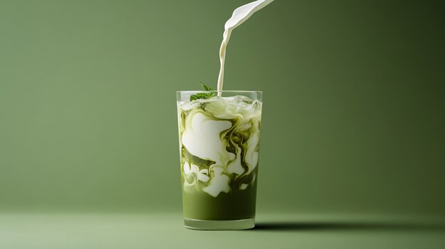 79.A tall glass of iced matcha latte with a creamy swirl of milk being poured in, creating a visually appealing contrast of white and green layers. The scene is set against a minimalist green