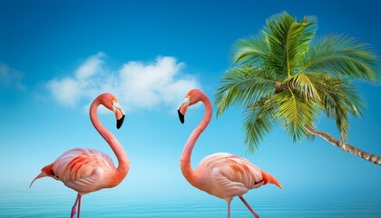 Obraz premium Pink flamingo and palm tree on blue summer background