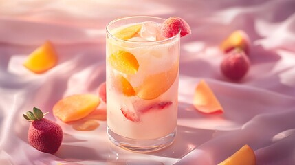 84.A clear glass of milk tea fruit drink with bright fruit slices and soft, pastel liquid layers....