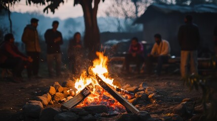 A community gathering around a bonfire in a rural village, Symbolizing cultural celebration and unity, photography style