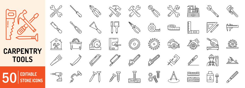 Carpenter Tools collections editable stroke outline web icons set. Carpenter, tools, saw, hammer, screwdriver, driller, wrench, screwdriver, bolt, nut and more... Vector illustration