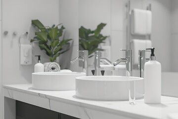 Fototapeta premium A bathroom with two sinks and a plant in the corner