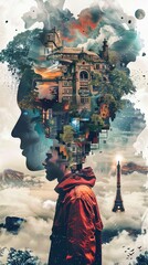 Fototapeta premium Surreal Collage of a Man's Mind: A Cityscape of Thoughts and Dreams