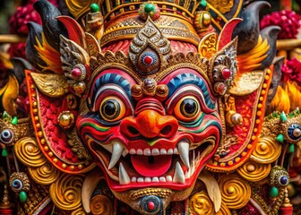Obraz premium Traditional Balinese Barong Mask Sketch for T-Shirt Design - Vibrant Colors and Intricate Details for Cultural Apparel Enthusiasts and Art Lovers Alike
