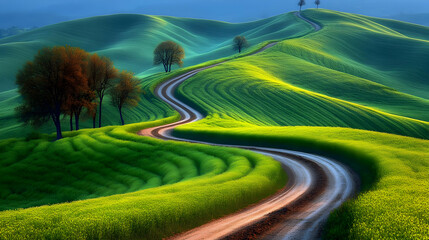 Winding Road Through Lush Green Hills 
