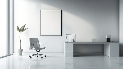 A white office with a chair and a desk