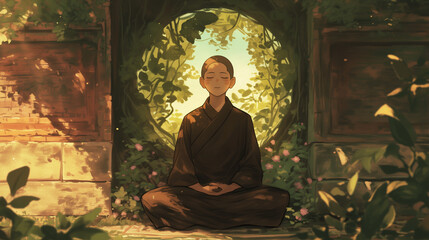 Rohatsu illustration of a young monk sitting under a Bodhi tree with a focused and calm expression, Ai generated images