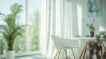 Obraz premium A white chair is sitting in front of a table with a vase of flowers on it