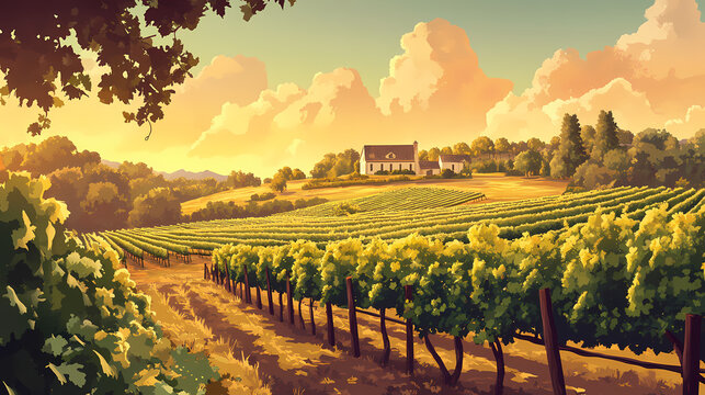 A picturesque vineyard with rows of grapevines and a distant farmhouse, golden hour lighting, illustration background. Golden Hour Vineyard. Illustration