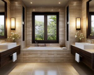 Fototapeta premium Stylish bathroom design featuring modern fixtures and natural light.