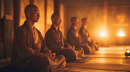 monks sit in rows in Rohatsu meditation pose in a simple wooden temple room, dimly lit by candlelight, Ai generated images