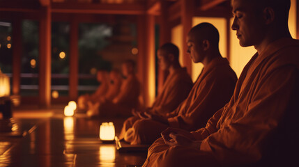 monks sit in rows in Rohatsu meditation pose in a simple wooden temple room, dimly lit by candlelight, Ai generated images