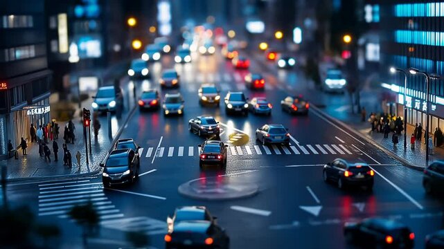 High-angle view of rain-slicked urban intersection at night. Tilt-shift technique creates miniature effect with selective focus. Glowing headlights and traffic signals reflect off wet pavement. 