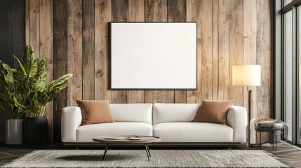 A white couch sits in front of a blank wall