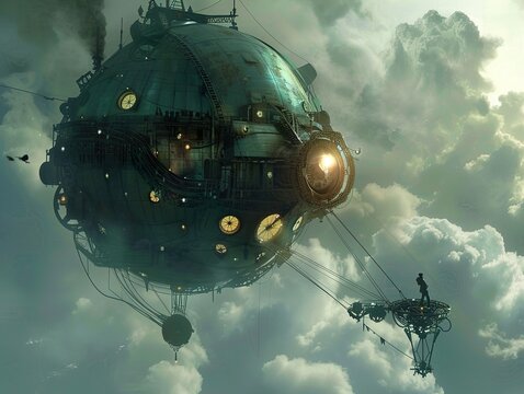 Steampunk Airship: A Futuristic Flying Machine in the Clouds