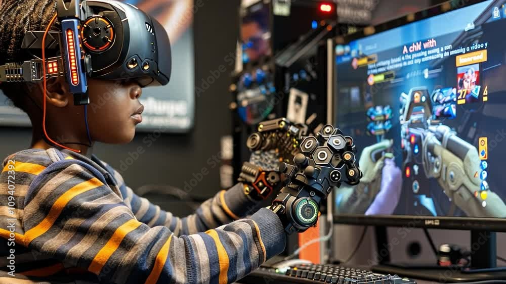 Aufkleber A young child wearing a VR headset interacts with an exciting virtual game, using advanced gloves to control the action on screen in a modern tech center.