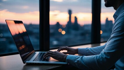working on laptop,  A professional closing their laptop and looking out the window at sunset, with a blurred cityscape glowing