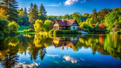 Obraz premium Tranquil House by the Lake Surrounded by Lush Greenery and Scenic Nature, Perfect for Relaxation and Reflection in a Serene Environment