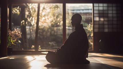 a monk sitting in deep meditation inside a dojo with morning sunlight coming in through the window, surrounded by a serene natural setting, Rohatsu, Ai generated images