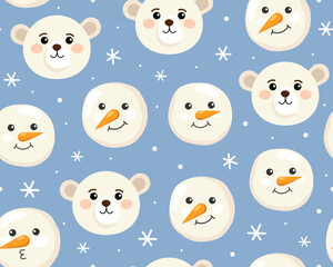 Seamless Christmas pattern with different cute snowmen and bear faces on light blue background. Cartoon characters. New Year's pattern for wrapping paper, textile, print.
