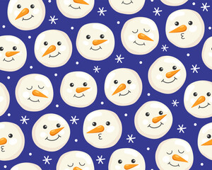 Obraz premium Seamless Christmas pattern with different cute snowmen faces on blue background. Cartoon characters. New Year's pattern for wrapping paper, textile, print.