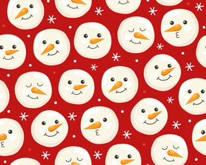Seamless Christmas pattern with different cute snowmen faces on red background. Cartoon characters. New Year's pattern for wrapping paper, textile, print.