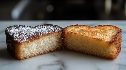 Close-up of two heart-shaped sponge cakes, one dusted with powdered sugar, placed on a marble surface, soft texture and golden crust