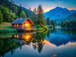 Fototapeta premium Tranquil Low Light Photography of a Cozy Small House by the Serene Lake at Dusk, Perfect for Capturing Nature’s Beauty and Peaceful Moments in the Great Outdoors